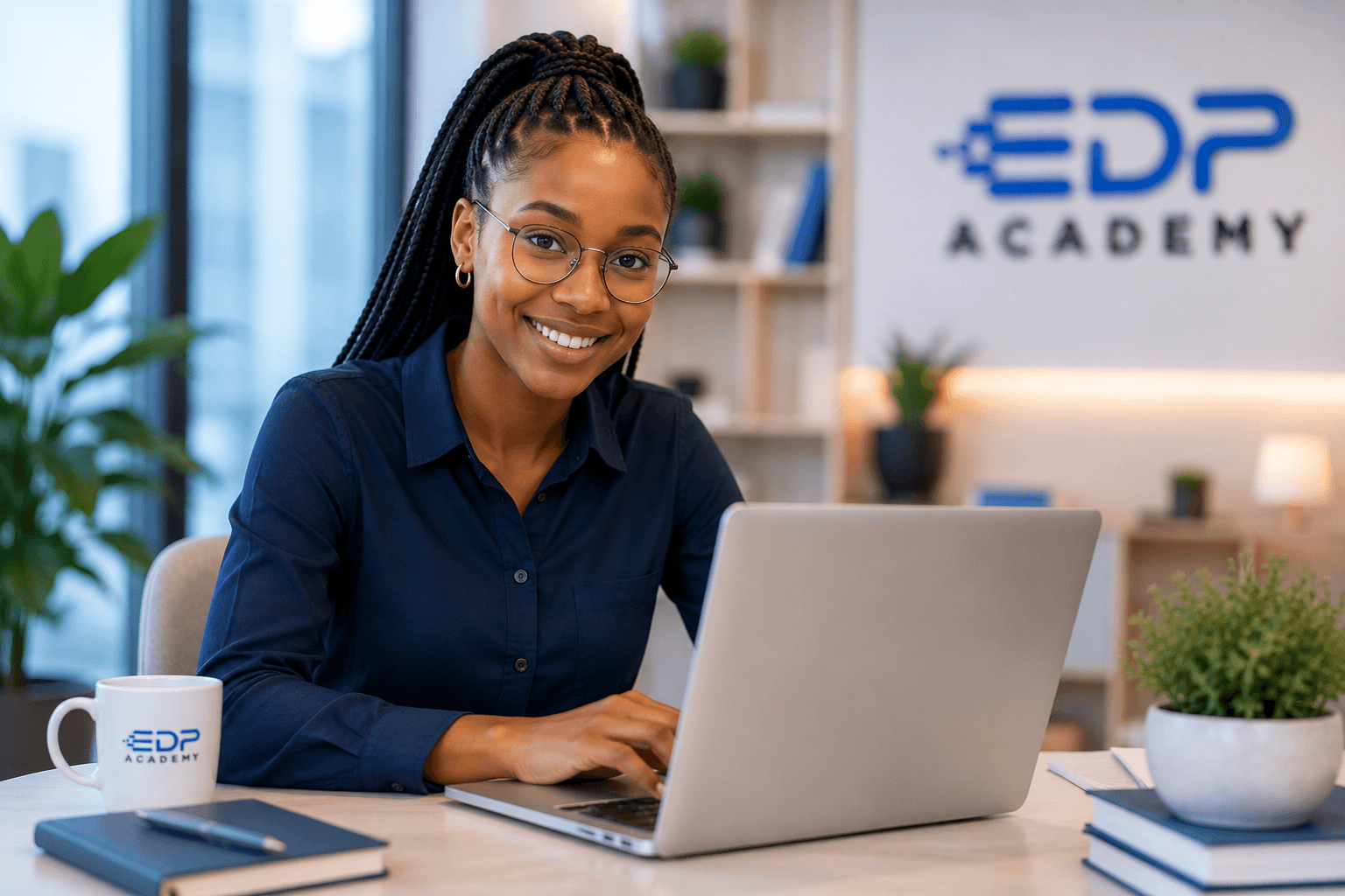 Une apprenante souriante travaille sur son ordinateur portable dans les locaux de EDP ACADEMY